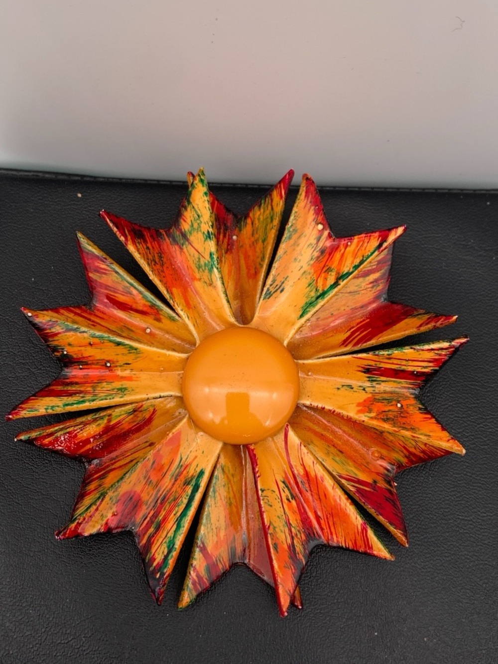 Vintage paper mache & enamel gorgeous Orange and Red colors fall flower brooch